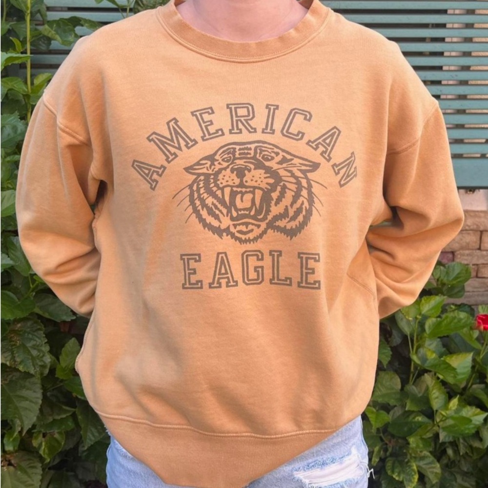 American Eagle Crewneck Sweatshirt Womens Medium Beige Tiger Graphic Print Logo